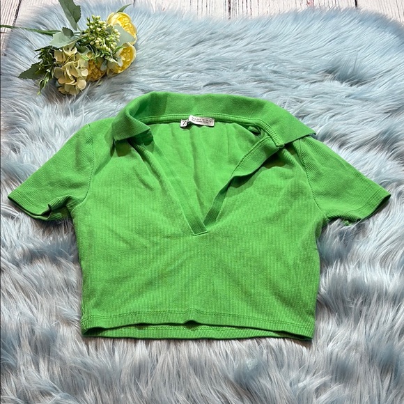Zara Ribbed Cropped Polo Short Sleeve Green Shirt sz S - Picture 1 of 7